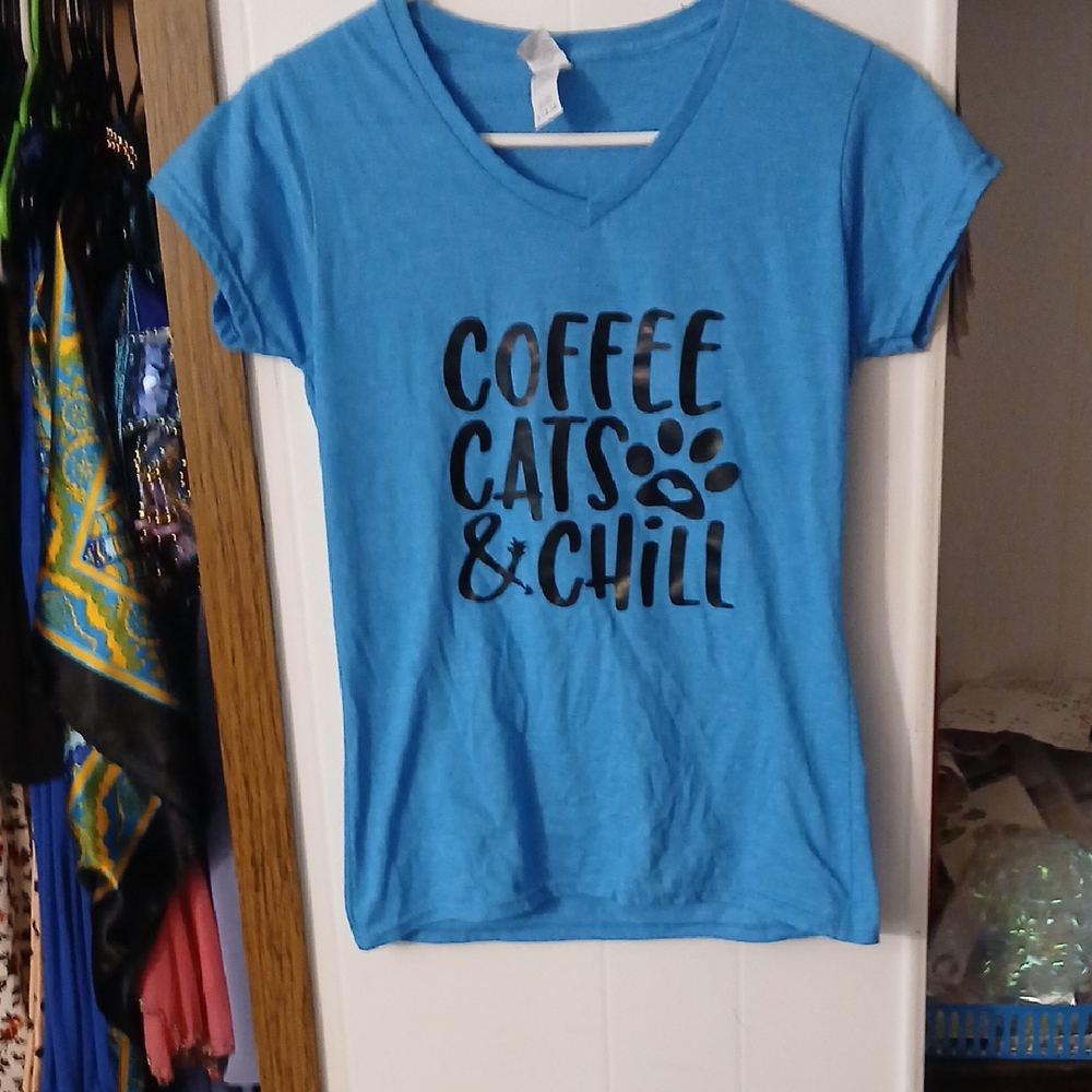 Blue Graphic Tee with Coffee Cats & Chill Print